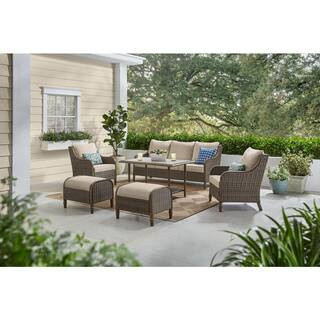Hampton Bay Windsor 6-Piece Brown Wicker Outdoor Patio Conversation Seating Set with Cushion Guar... | The Home Depot