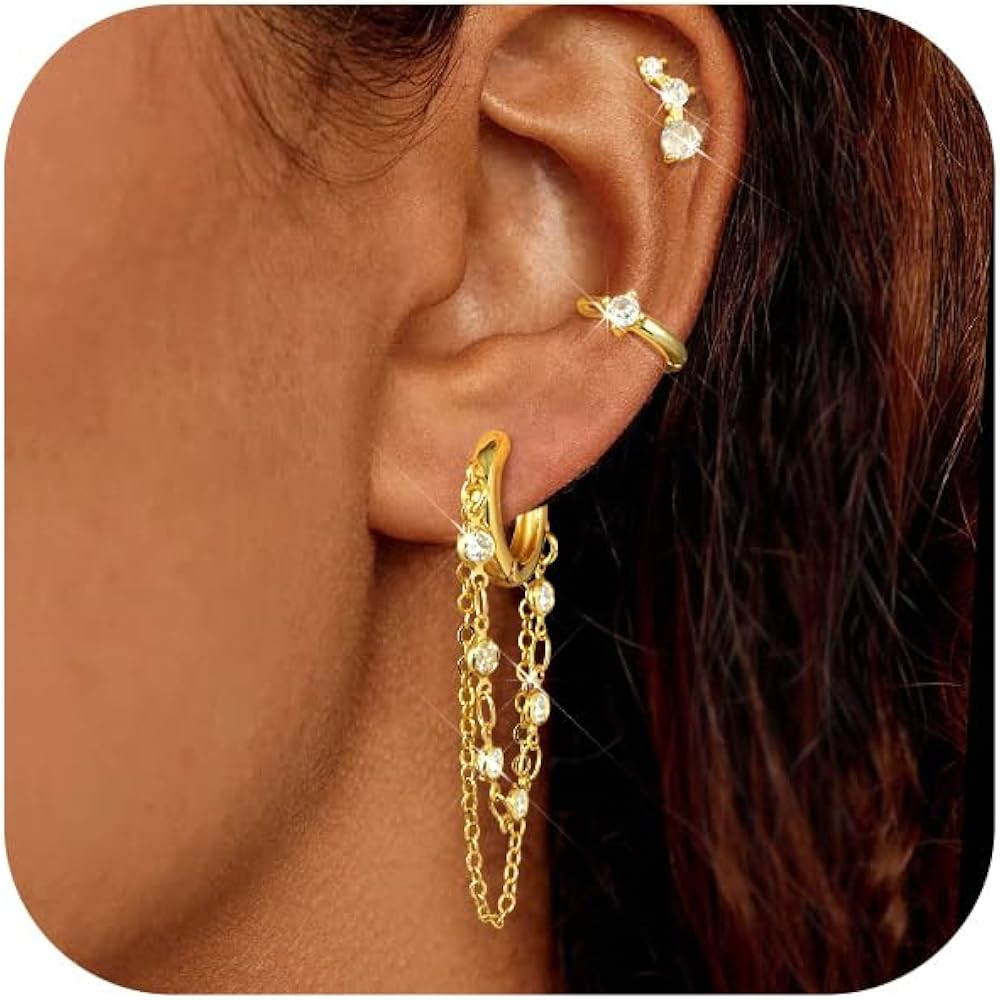 Tassel Chain Small Gold Hoop Dangle Earring For Women Huggie Earring Heart Star CZ 14K Gold Plate... | Amazon (US)