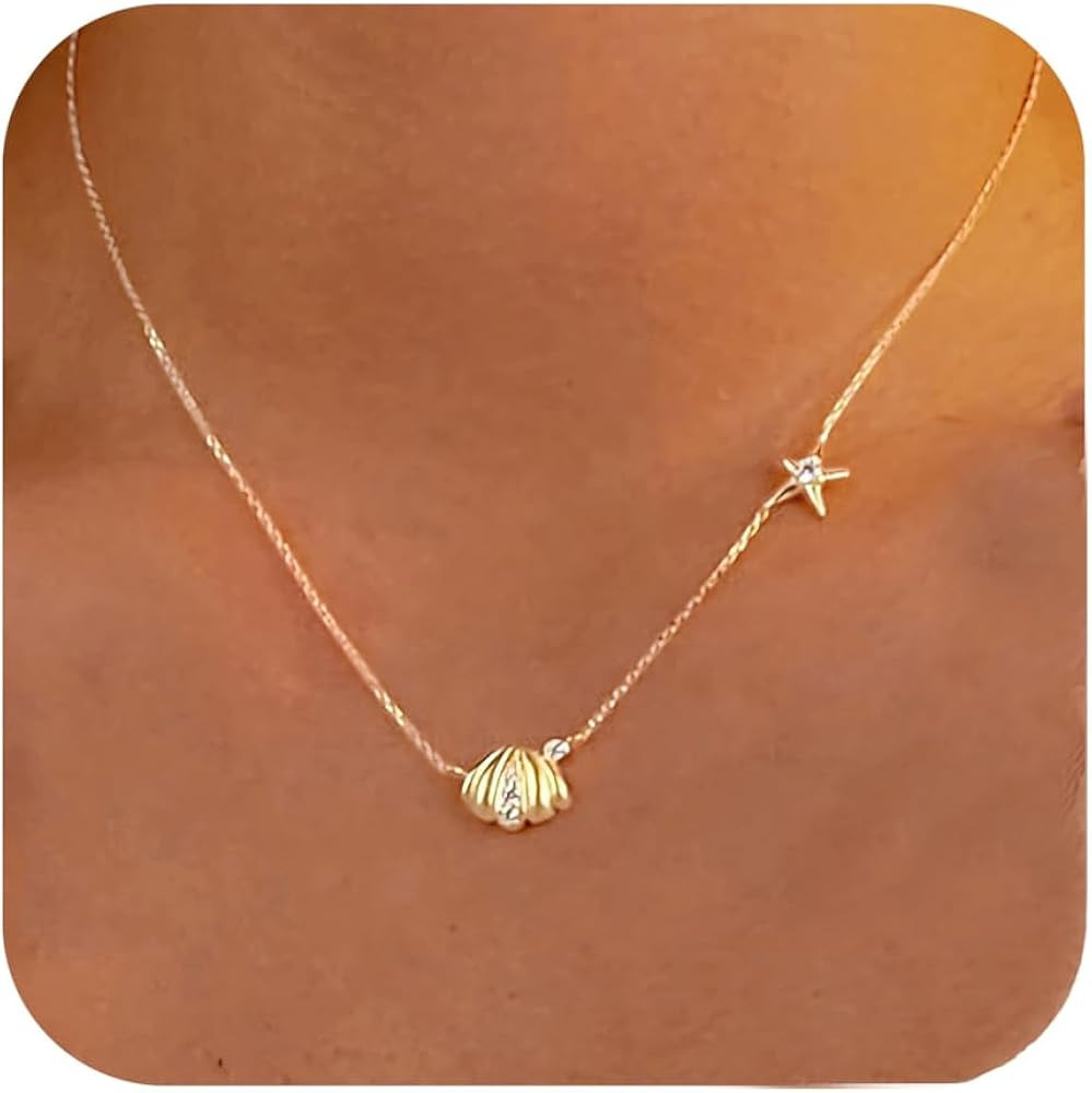 Gold Shell CZ Charm Pendant Necklace for Women Real 925 Silver Choker Chain Shell Starfish Star P... | Amazon (US)