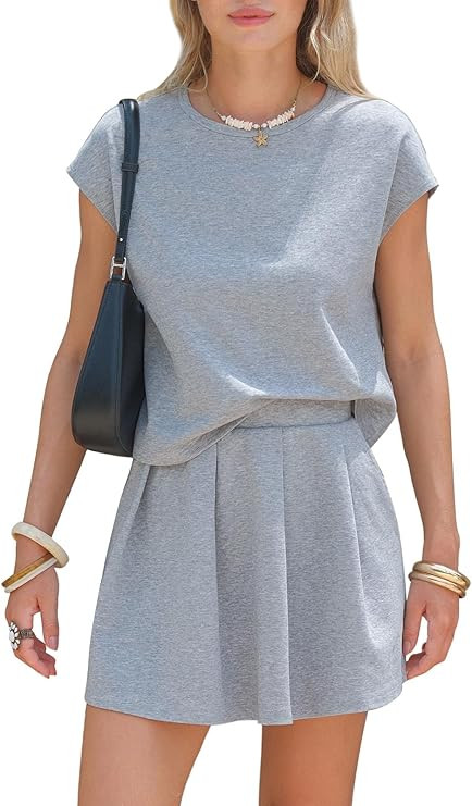 EXLURA Women Summer 2 Piece Sets Tennis Skirt Outfits Casual Cotton Cap Sleeve Tops Pleated Skort... | Amazon (US)