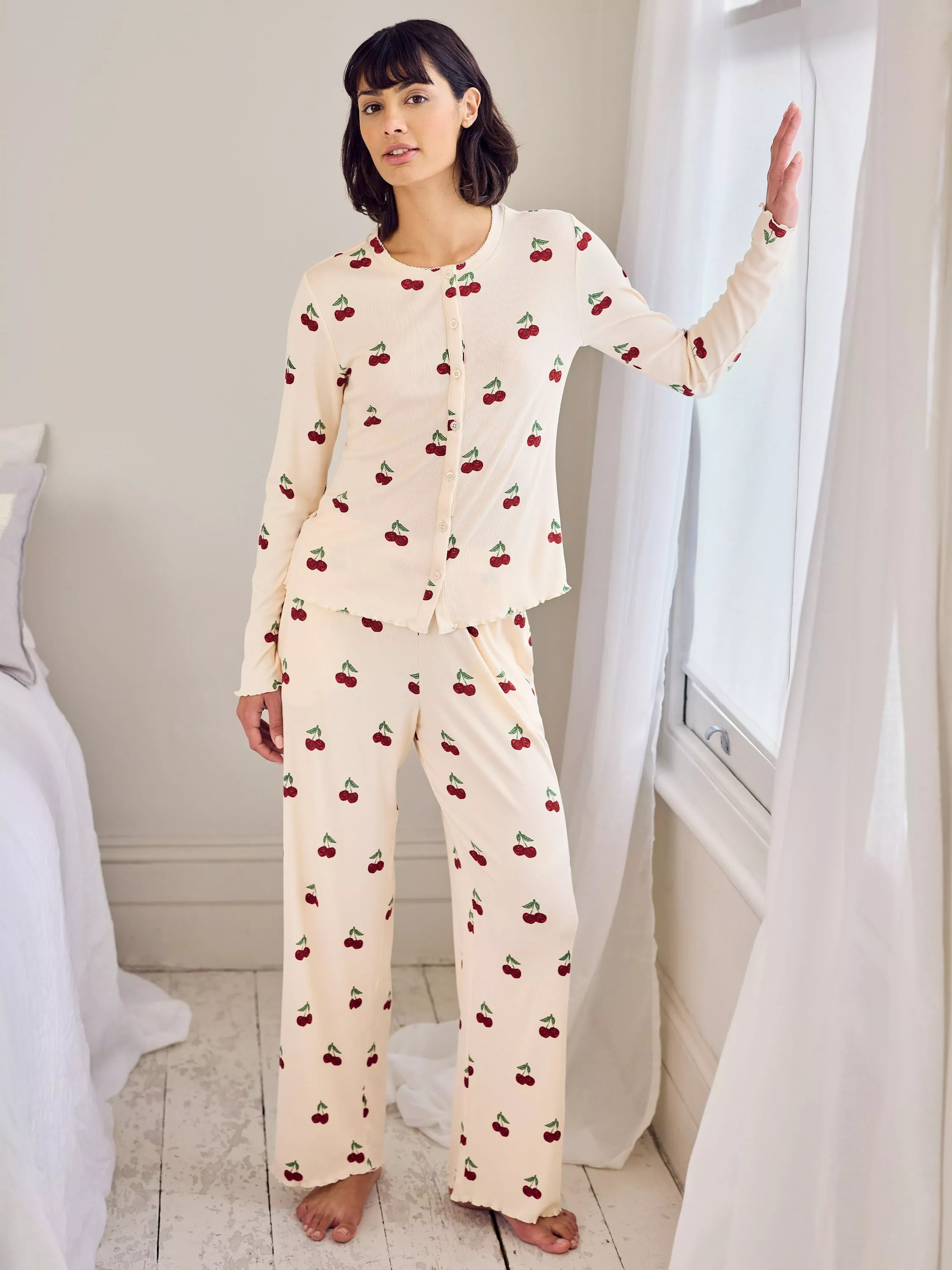 Chelsea Peers Cherry Stripe Button Through Long Pyjama Set, Off White/Multi | John Lewis (UK)