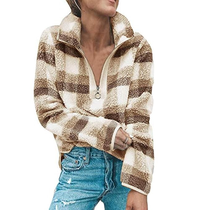 Celiy Women Long Sleeve Zipper Sherpa Sweatshirt Soft Fleece Pullover Plaid Tops | Amazon (US)
