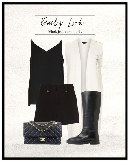 Simple monochrome outfit idea, spring workwear, spring black and white outfit, spring monochrome look, Karen Millen sleeveless cardigan, black tailored shorts, black cami, black knee high boots, black riding boots, Chanel bag, Chanel brooch, outfit planning, outfit inspo, outfit collage, outfit flatlay 

#LTKeurope #LTKunder100 #LTKworkwear