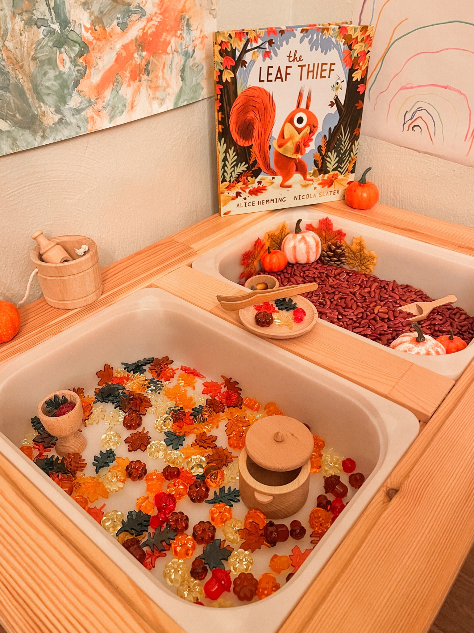 Fall sensory table with acorns, leaves, and pumpkins. I had this set up on the first day of Fall for the girls to wake up to ☺️🍂🍁

#LTKkids #LTKSeasonal