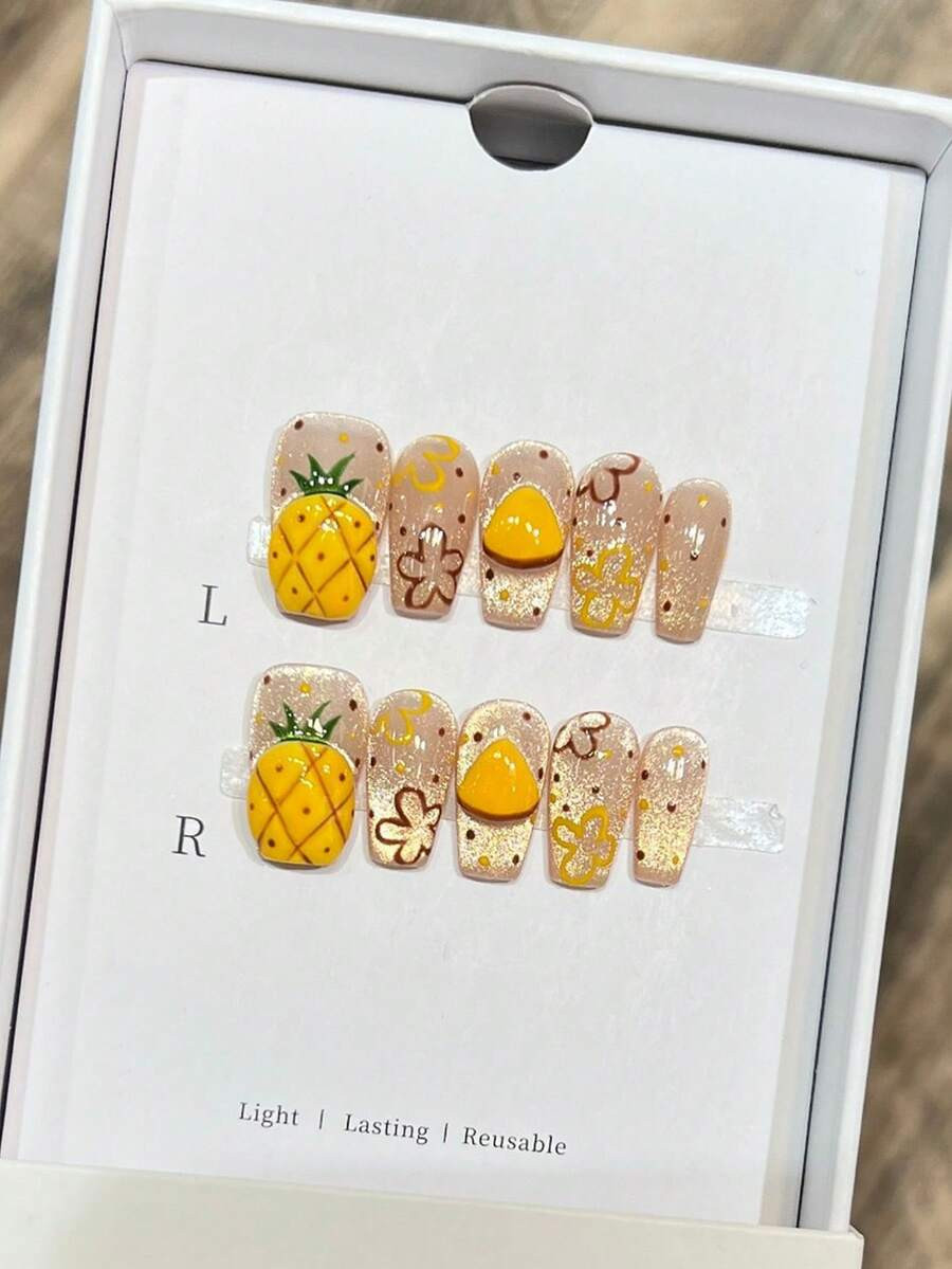 10 Pieces Of Pure Handmade Wearable Nails With 3D Tropical Fruit Pineapple Carving Design, Press ... | SHEIN
