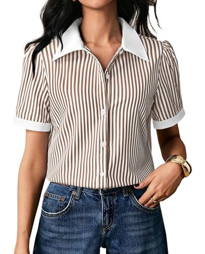 Striped Button Down Shirt Women Striped Button Down Shirt Short Sleeve Dress Shirt V Neck Collar Fit Spring and Summer Blouse Dressy Work Office Business Professinal Classic Top Brown Stripe XL | Amazon (US)