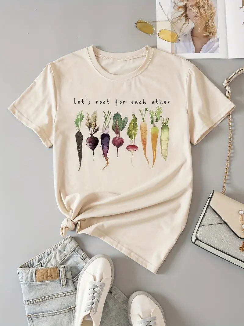 Vegetable Letter Print Crew Neck T shirt Casual Short Sleeve - Temu | Temu Affiliate Program