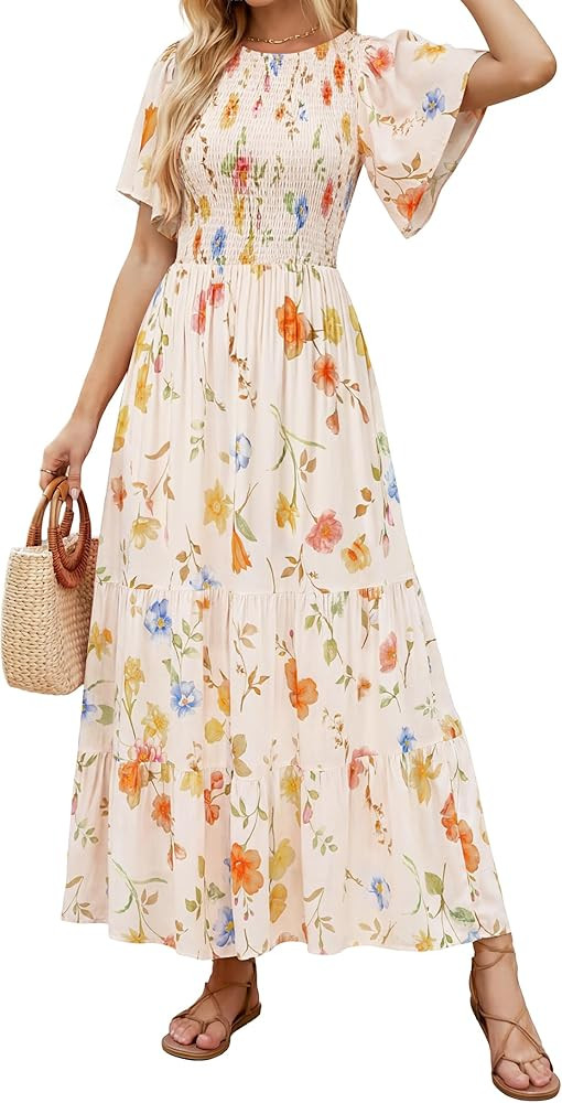 ZESICA Women's 2026 Spring Boho Floral Maxi Dresses Casual Short Flutter Sleeve Smocked Tiered Fl... | Amazon (US)