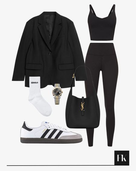 Cool gym girl vibe, black blazer styled over Lululemon black Align gym leggings and bra set, Adanola white socks, Adidas Sambas and YSL Saint Laurent bag

#LTKfindsunder50 #LTKitbag #LTKSeasonal
