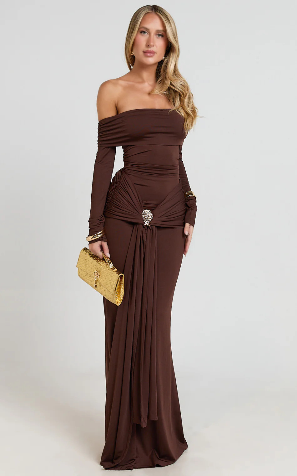 Trish Maxi Dress - Off Shoulder Hardware Trim Bodycon Dress in Chocolate | Showpo (US, UK & Europe)