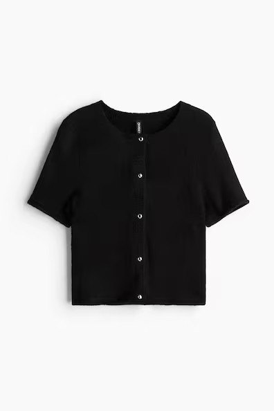 H & M - Short-Sleeved Fine-Knit Cardigan - Black | H&M (US + CA)