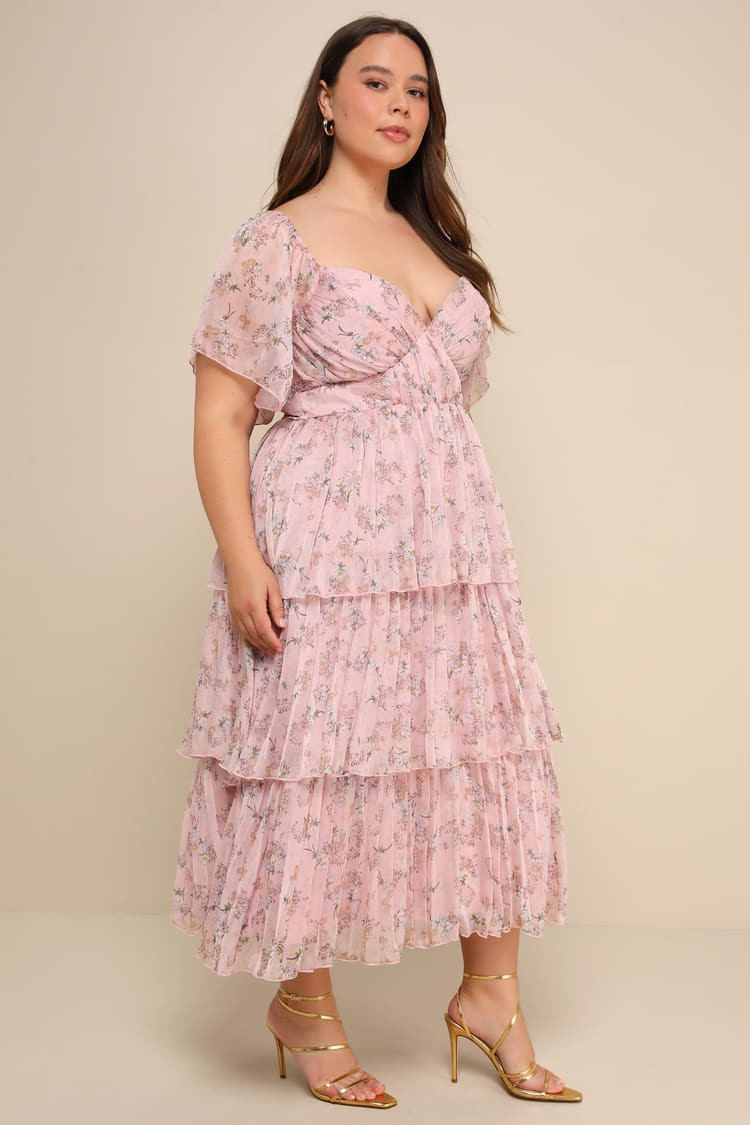 Gentle Charm Mauve Floral Print Pleated Tiered Midi Dress | Lulus