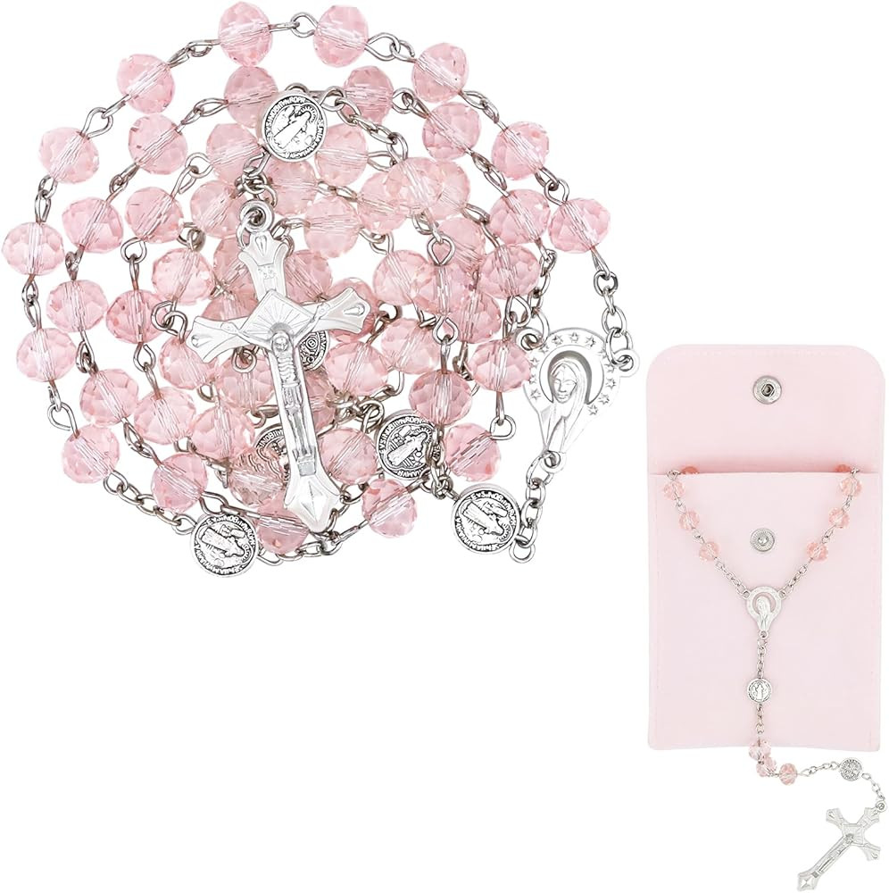 Rosary Beads for Women - Catholic Rosary Beads with Cross, Pink Crystal Rosary Necklace with Velv... | Amazon (US)