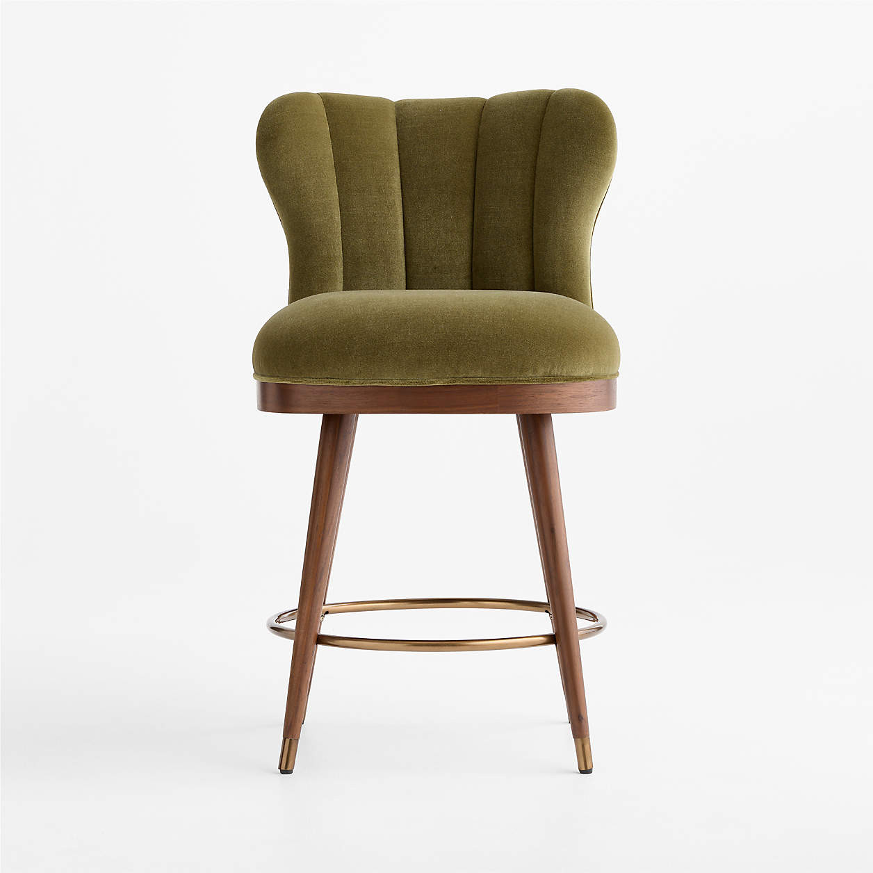Vivienne Olive Green Velvet Natural Walnut Wood Swivel Counter Stool | Crate & Barrel | Crate & Barrel