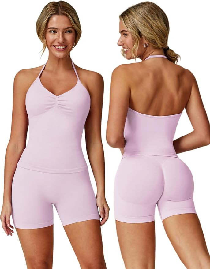 ABOCIW Workout Sets for Women 2 Piece Seamless Impact Longline Strappy Top Scrunch Butt High Wais... | Amazon (US)