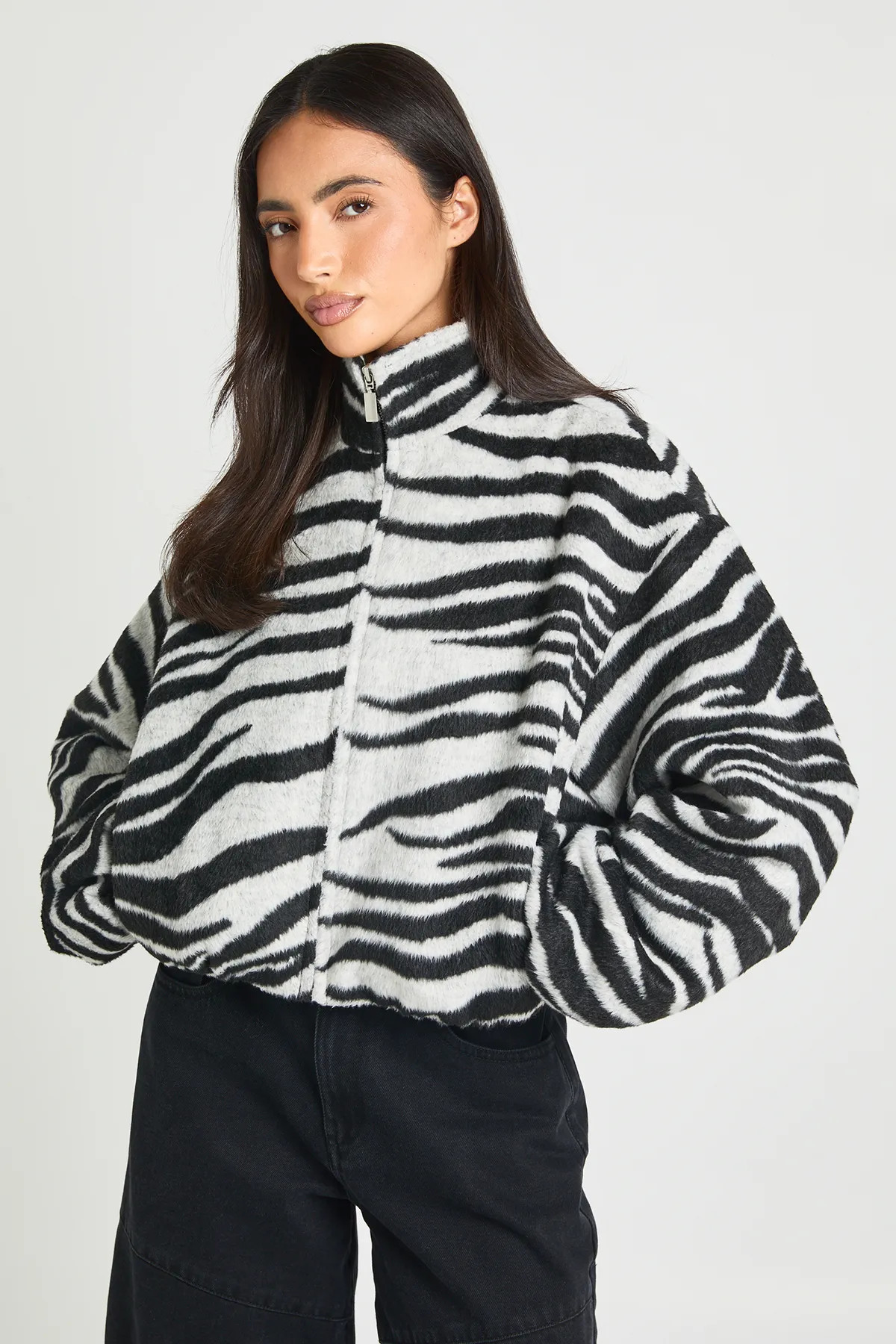 boohoo Women's Zebra Wool Look Bomber Jacket | Size: 10 | Fleece | boohoo (US & Canada)