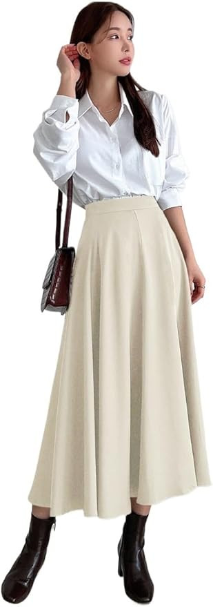 ELDINA Women's 2024 Summer Casual Long Skirt Beige Solid Long Skirt | Amazon (US)