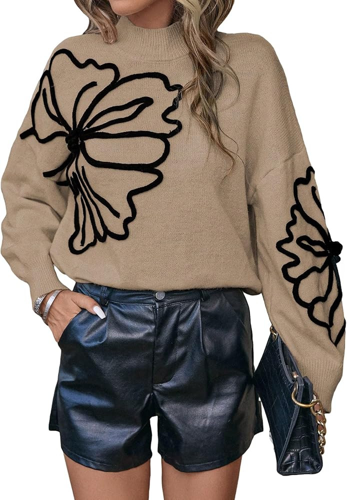 Verdusa Women's Old Money Clothes Floral Mock Neck Long Sleeve Sweaters Dressy Casual Cute Pullov... | Amazon (US)