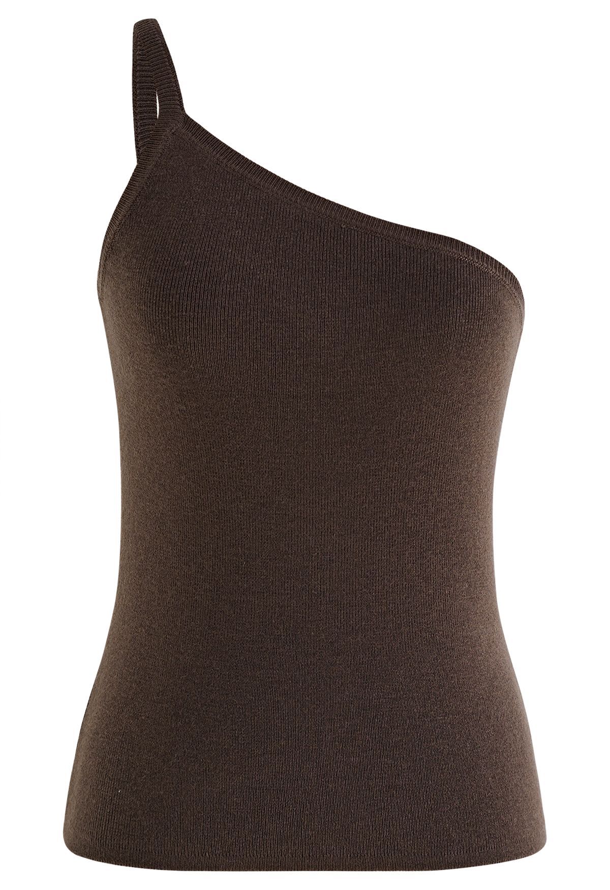 Strappy One-Shoulder Knit Tank Top in Brown | Chicwish