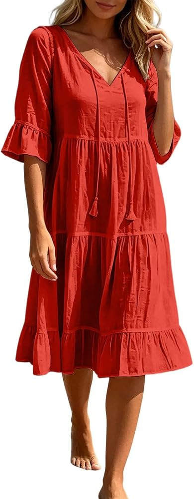 Tie V-Neck Ruffle A-Line Dress, Women's Solid V Neck Flared Half Sleeve A-Line Midi Dress Summer ... | Amazon (US)