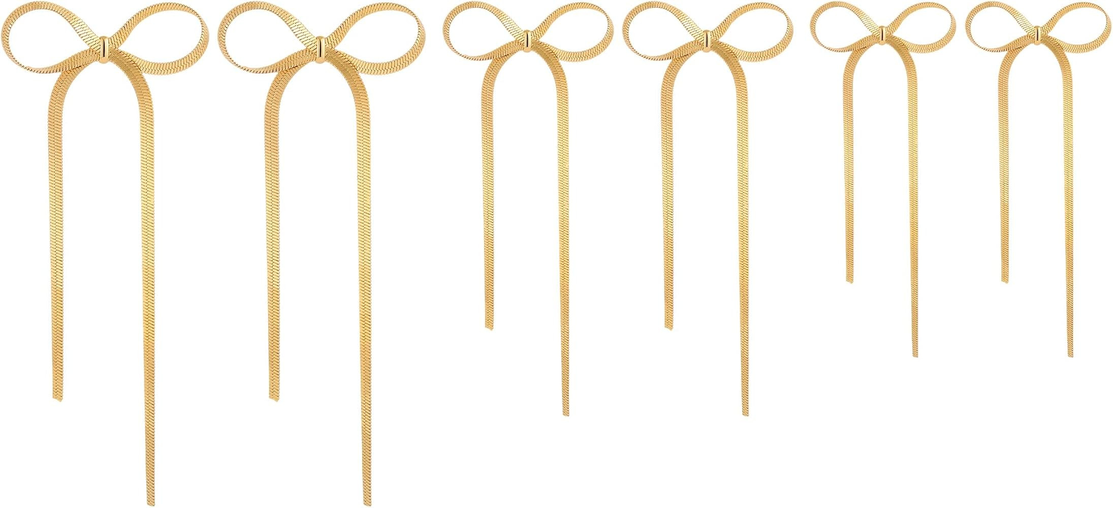 SLOONG 2pcs Bow Earrings Stainless Steel Gold Silver Ribbon Bow Stud Earrings 14K Gold Plated Dan... | Amazon (US)