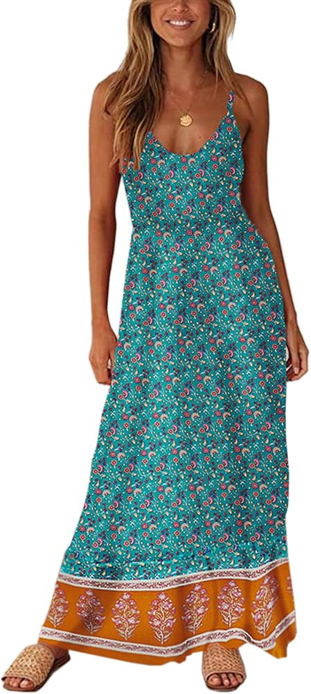 Angashion Women's Dresses Floral Adjustable Spaghetti Strap V Neck Boho Long Maxi Dress Summer Be... | Amazon (US)
