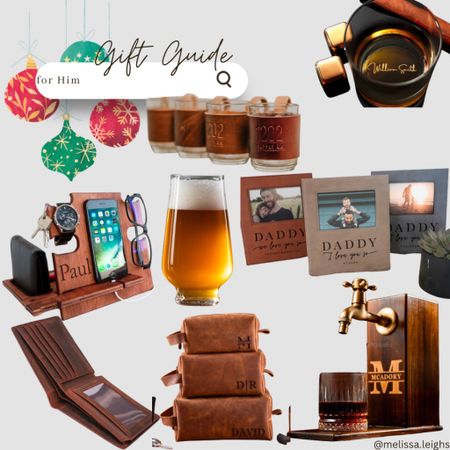 Gift guide for him - personalized whisky glass, leather bound photo album, charging station for all devices with wallet holder, personalized leather wallet, personalized leather toiletry bag, whisky dispenser, 14oz glass beer cup, personalized espresso cups  

#LTKGiftGuide #LTKmens #LTKHoliday