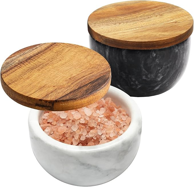 Marble Salt and Pepper Bowls Salt Box Salt Cellar Set solid natural Wood Cover large capacity sal... | Amazon (US)