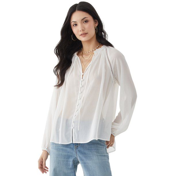 Scoop Women’s Lace Trim Blouse with Long Sleeves | Walmart (US)