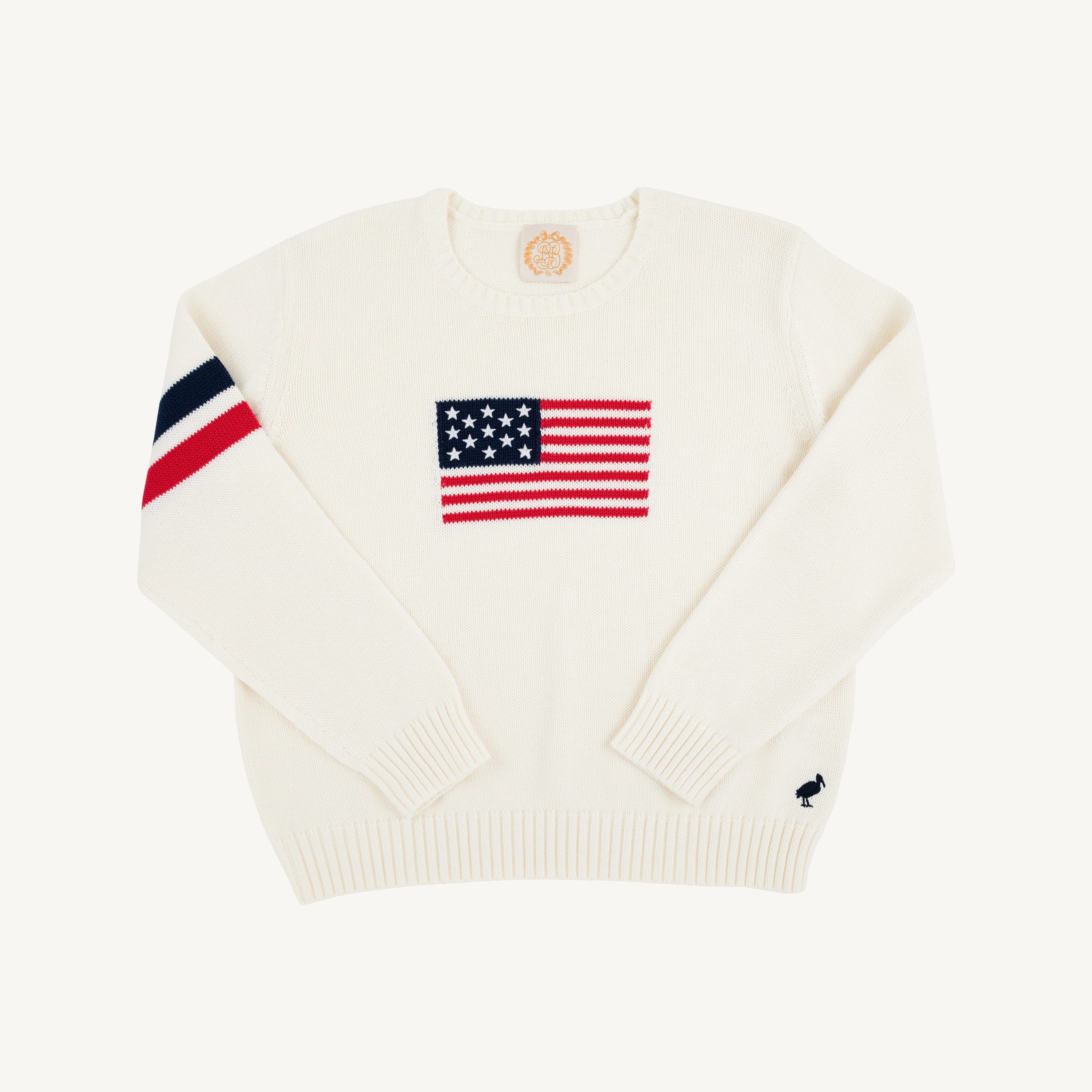 Seaton Intarsia Sweater (Unisex) - Palmetto Pearl with American Flag I | The Beaufort Bonnet Company