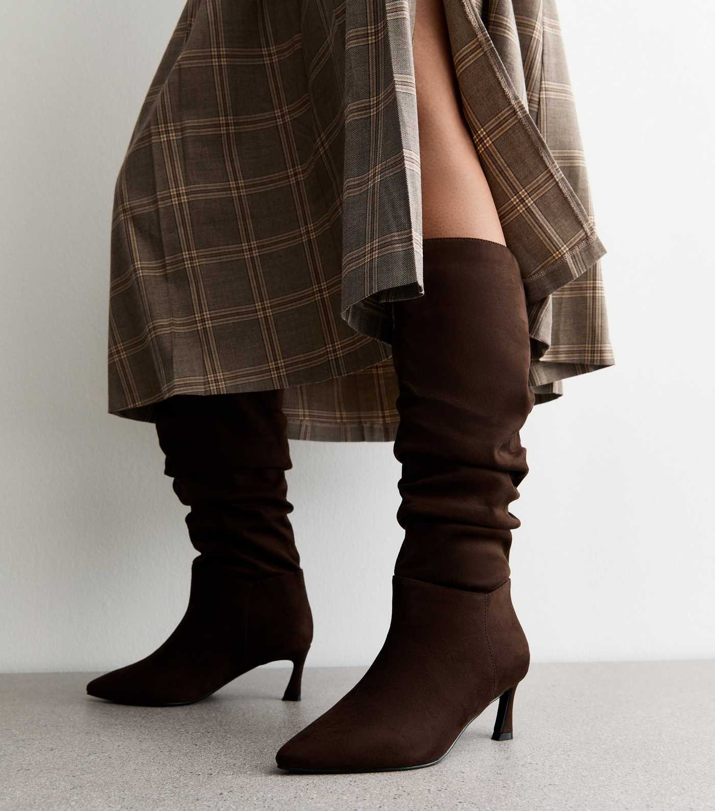 Wide Fit Brown Faux Suede Ruched Knee High Boots | New Look | New Look (UK)
