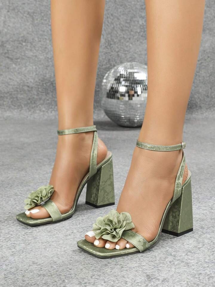 Women's High Heels Fashion Elegant Thick Heel Square Toe Floral Embellished Sandals, Mint Green S... | SHEIN