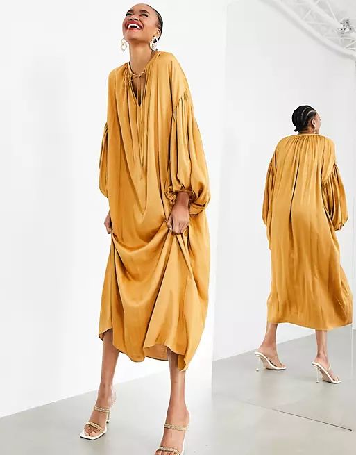ASOS EDITION oversized maxi dress with blouson sleeve in caramel | ASOS (Global)