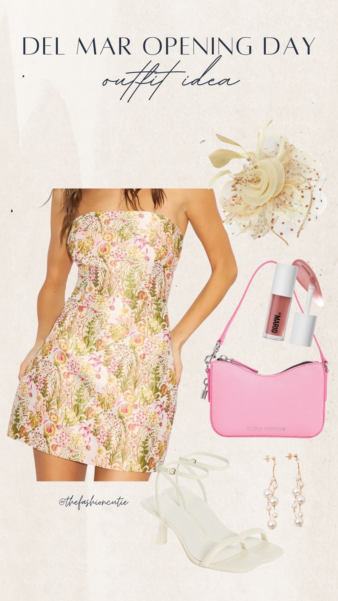 A floral strapless dress, white heels, and pink bag make the perfect outfit for Del Mar Opening Day. Add pearl earrings for a feminine touch. Also great for summer weddings!

#LTKStyleTip #LTKFindsUnder100 #LTKShoeCrush