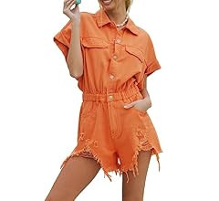 Women's Distressed Denim Romper Short Cuffed Sleeve Jean Jumpsuit Collared Ripped Frayed Shortalls O | Amazon (US)