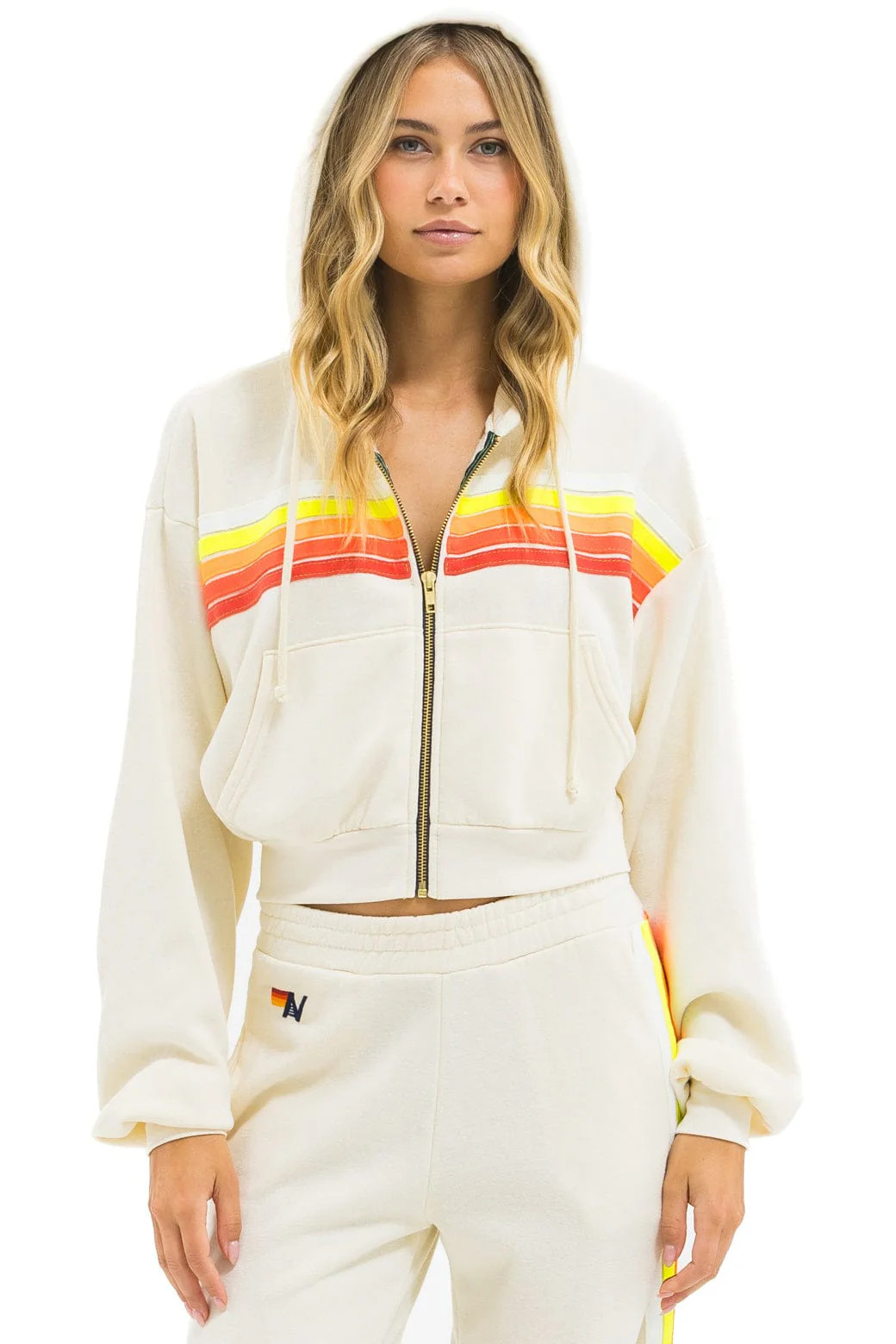 5 STRIPE CROPPED ZIP HOODIE RELAXED - VINTAGE WHITE // WHITE NEON | Aviator Nation