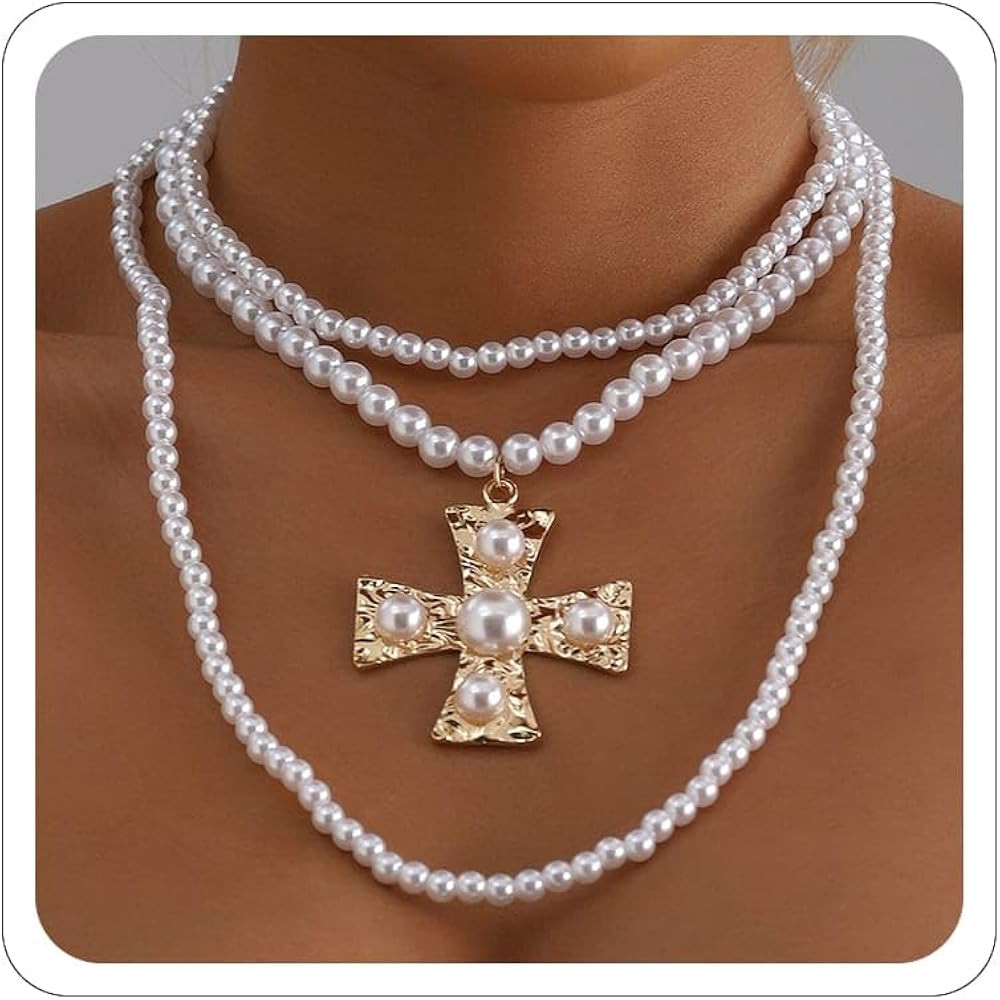Chunky Gold Necklace Pearl Cross Necklace for Women Statement Necklaces Layered Pearl with Big Cr... | Amazon (US)