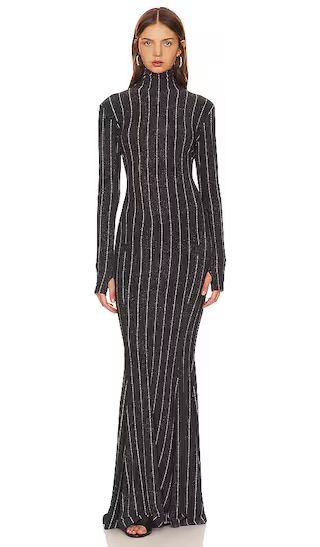 Long Sleeve Turtle Fishtail Gown in Woven Pinstripe | Revolve Clothing (Global)