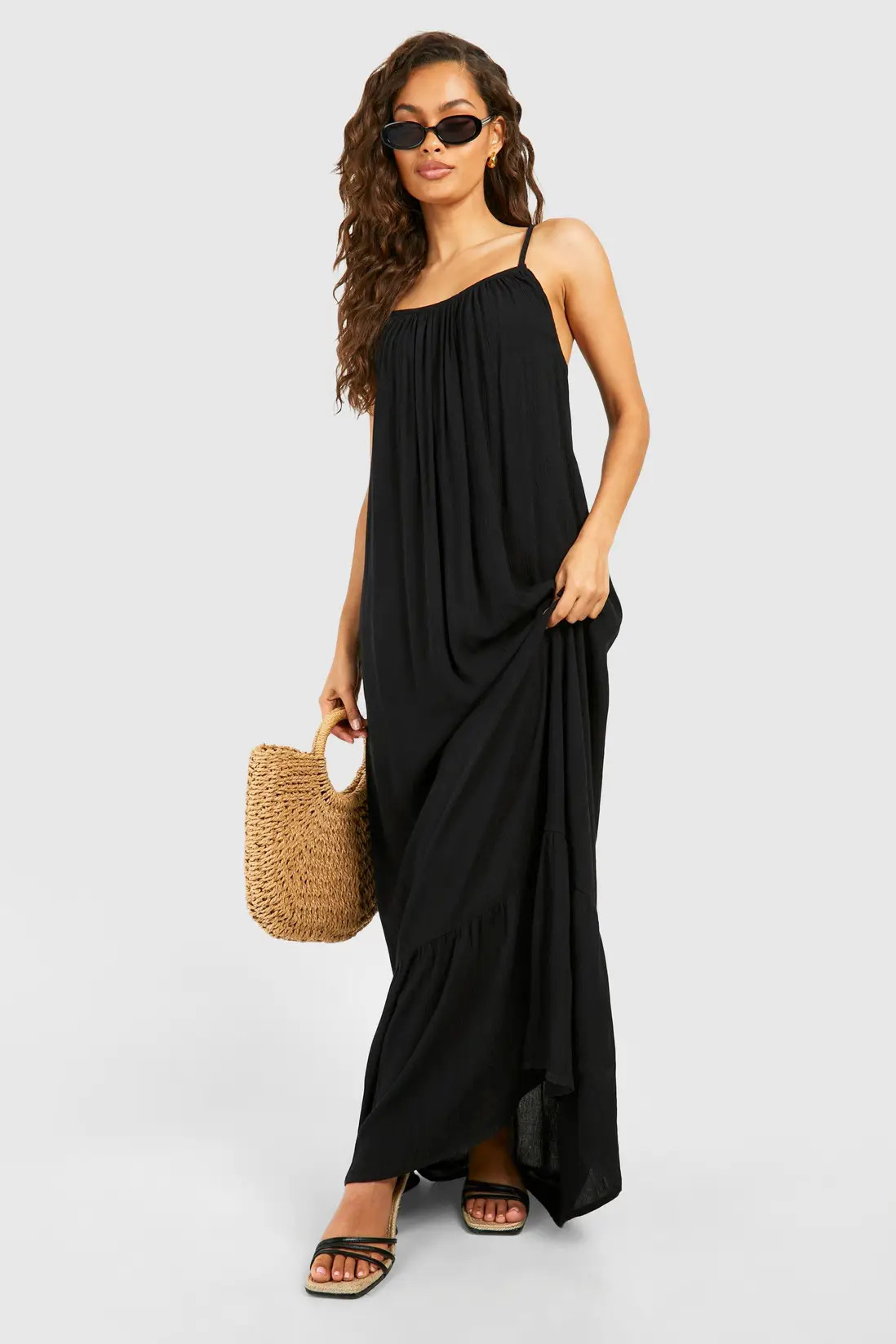 Black Strappy Cheesecloth Maxi Dress | Boohoo | Boohoo.com (UK & IE)