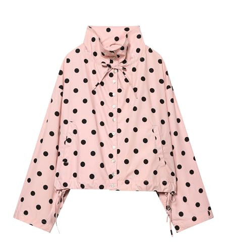 Colorful world Womens Polka Dot Jacket Drawstring Hem Button Front Cropped Lightweight Jacket Relaxed fit Coat with Pockets(Pink,M) | Amazon (US)