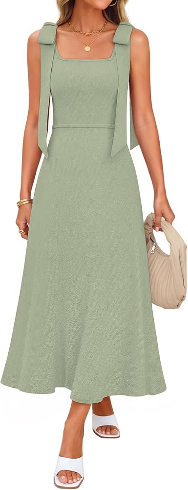 ZESICA Womens Summer Casual Sweater Midi Dress 2026 Sleeveless Square Neck Bow Straps Knit A Line Vacation Long Dresses | Amazon (US)
