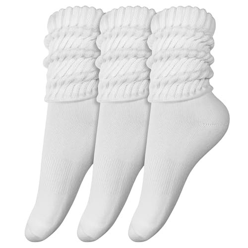 3-Pair Cotton Crew Slouch Socks Womens Scrunch Ribbed Soft Retro Boot Calf Sock (US, Alpha, One Size, Regular, Regular, White) | Amazon (US)