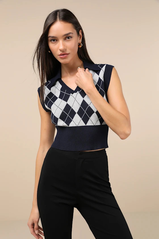 Skillful Poise Navy and Grey Argyle Collared Sweater Vest | Lulus
