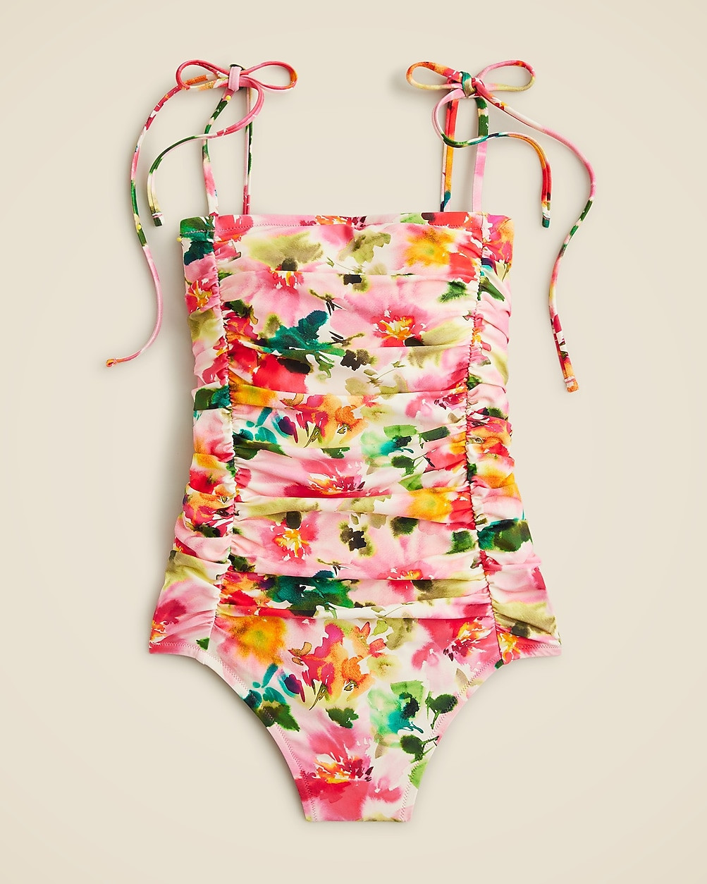 Ruched tie-shoulder one-piece swimsuit in floral | J. Crew US