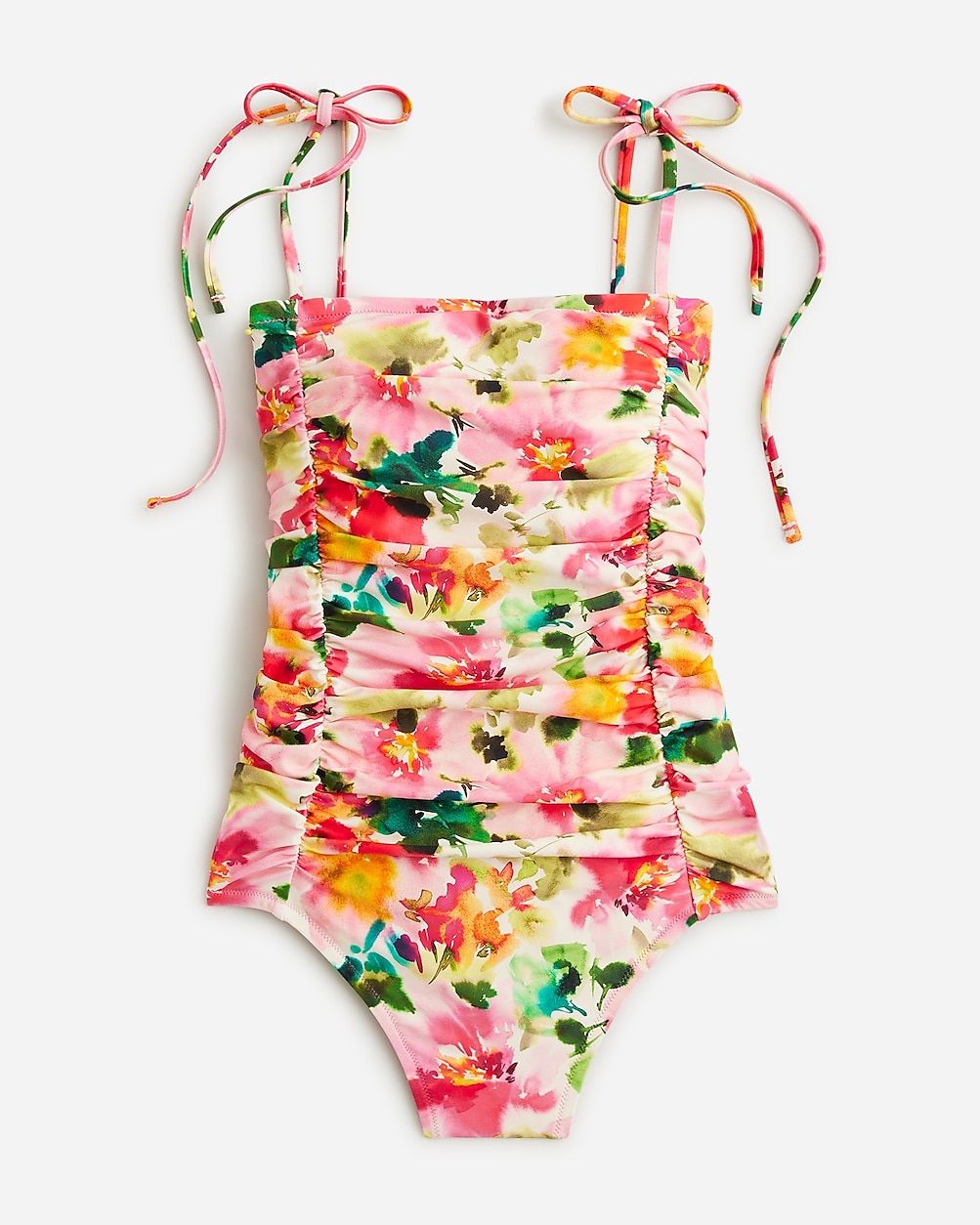 Ruched tie-shoulder one-piece swimsuit in floral | J.Crew US