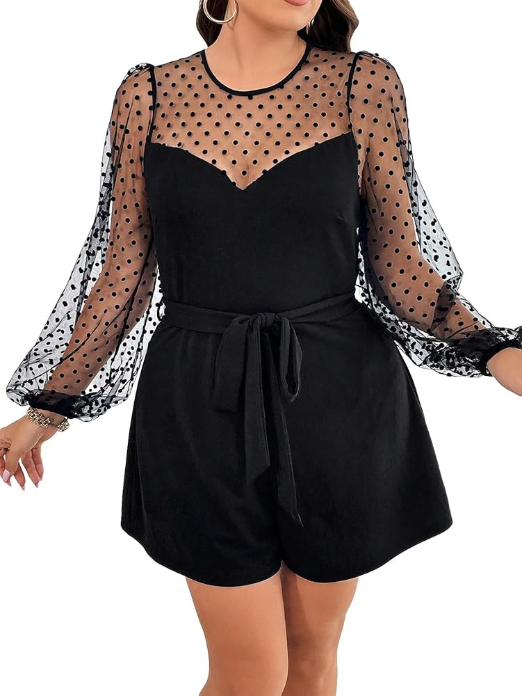 WDIRARA Women's Polka Dots Sheer Mesh Short Jumpsuit Long Raglan Sleeve Sweetheart Neck Romper | Amazon (US)