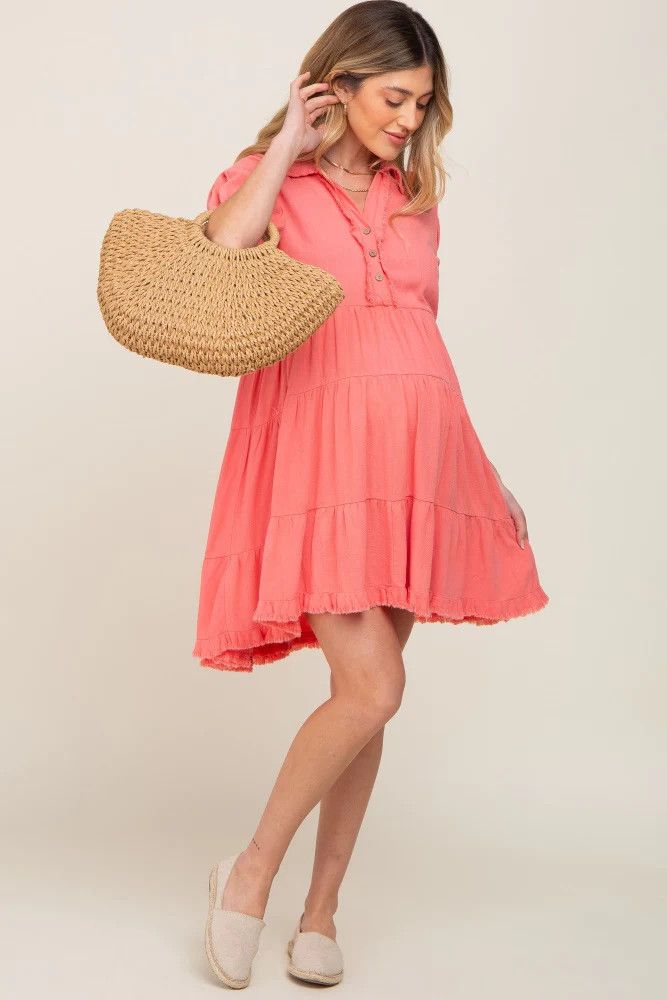 Coral Tiered Collared Linen Maternity Dress | PinkBlush Maternity