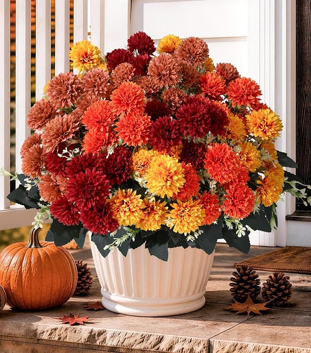 Fake Mums Artificial Fall Flowers for Outdoors Outside Decorations, 12 Bundles Silk Chrysanthemums Fall Flowers Faux Mums for Outdoor Planters Realistic UV Resistant Marigold for Porch Patio Home | Amazon (US)