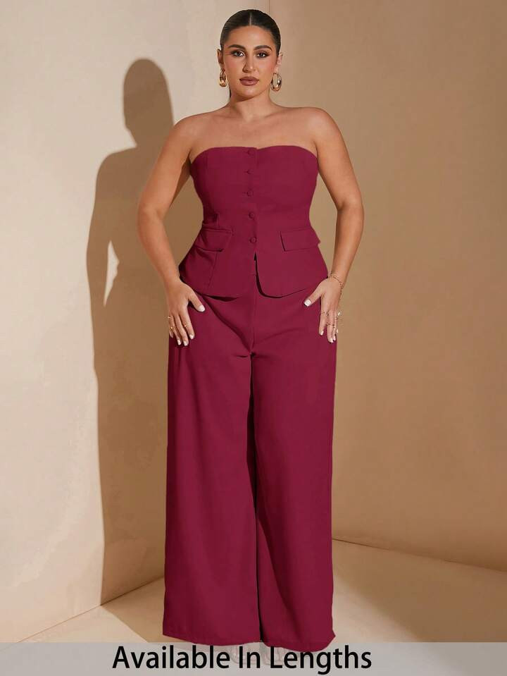 SHEIN Tall CURVE Plus Size Women's Elegant Date Sweet Girl Plain Color Strapless Blazer Summer Suit, Suitable For Work Attire, Office Lady Style,Two Piece Set Women | SHEIN