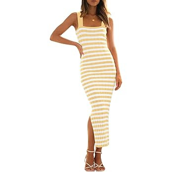 MEROKEETY Women's 2025 Summer Bodycon Midi Dress Vacation Sleeveless Ribbed Knit Striped Sweater ... | Amazon (US)